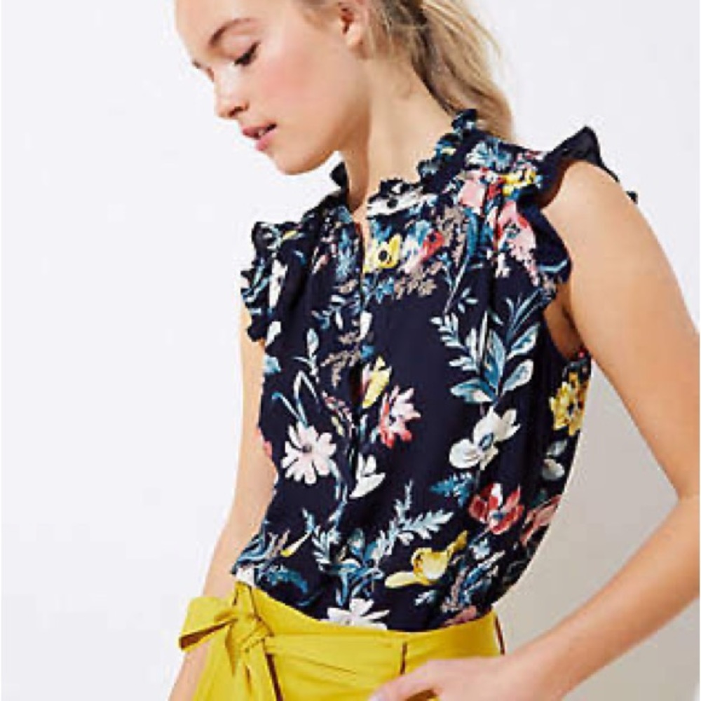 LOFT Petite Bouquet Ruffle Henley Shell